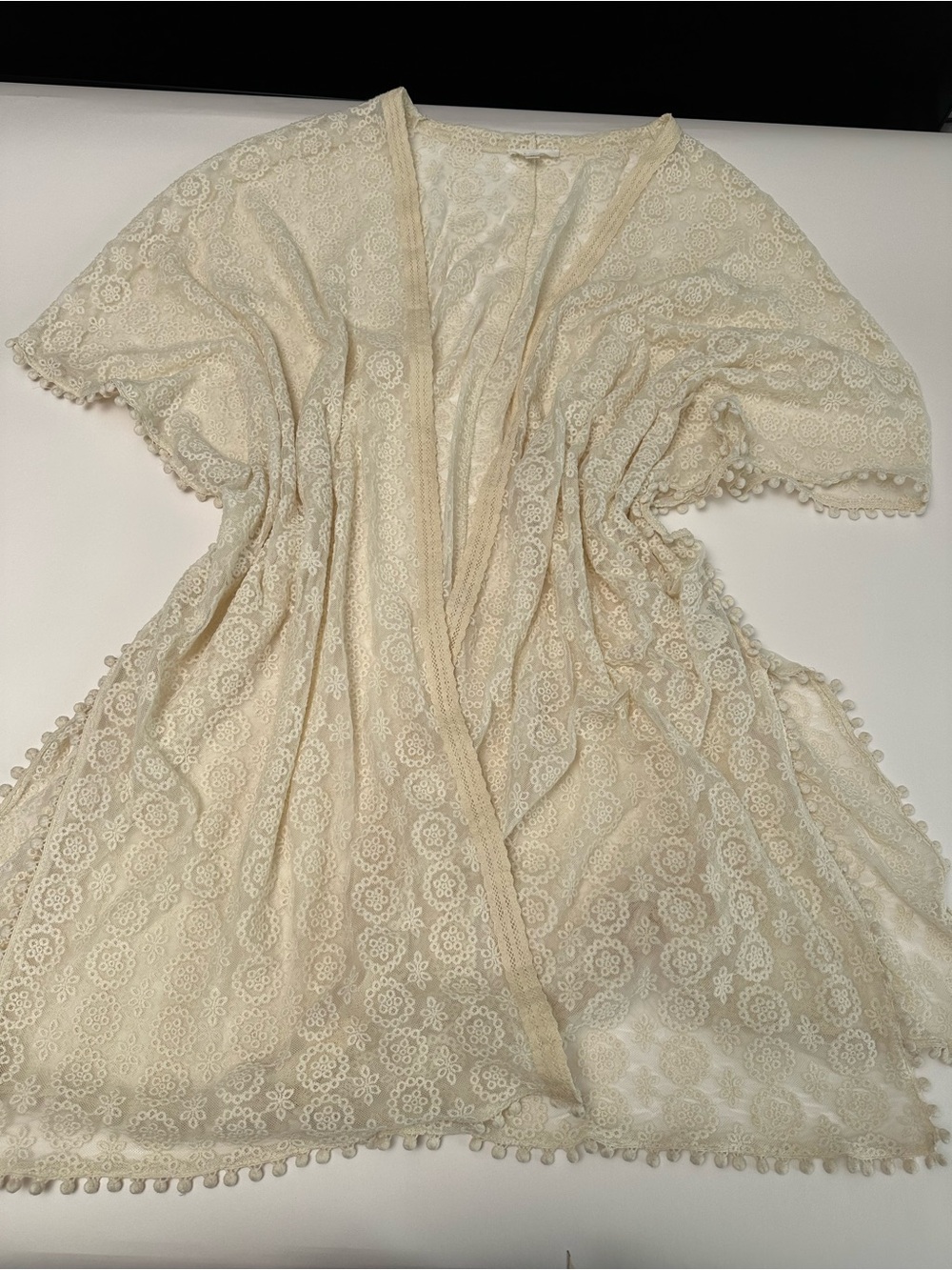 Boho Romantic Sheer Lace Kimono Duster Pom Pom Trim Festival Cover Up - Picture 8 of 11